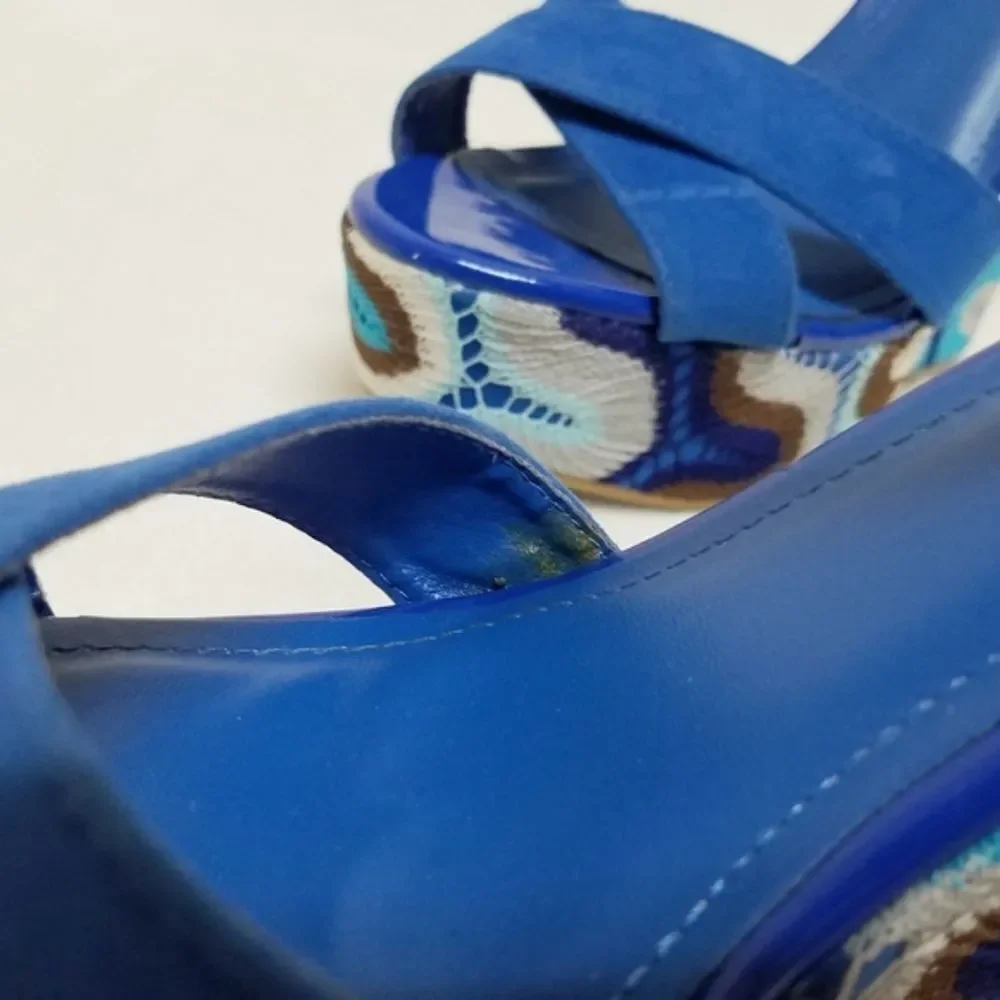 𝅺BAMBOO Eliza Blue Crochet Boho Platform Wedges